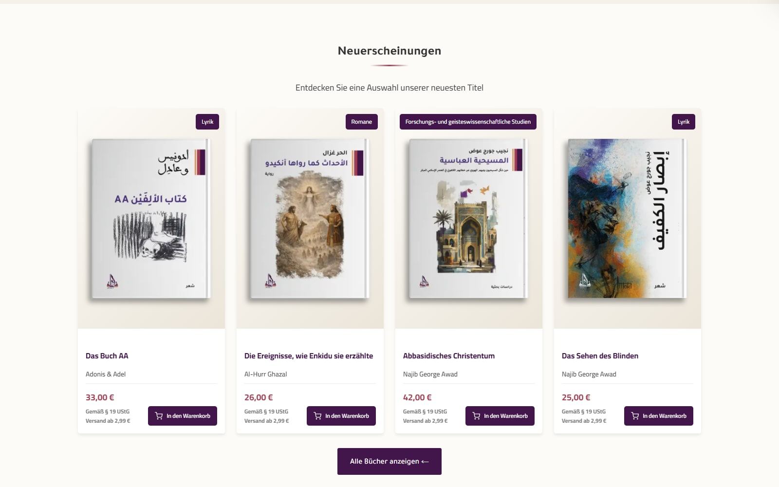 Neuerscheinungen mit Buchcovern, Preisen und Warenkorb-Schaltflächen